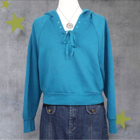 Victoria's Secret Sweaters - Vintage Victoria's‎ Secret Teal Lace-Up Hoodie